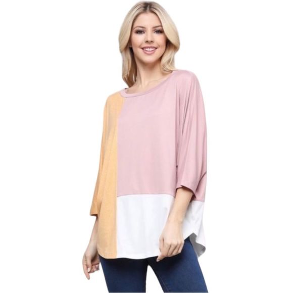 Tops - Color Block 3/4 Length Sleeve Scoop Neck Top | Pink / Peach / White